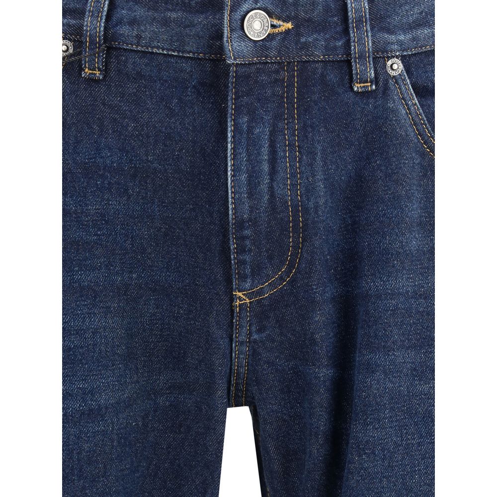 Dolce & Gabbana Blue Cotton Straight-Leg Jeans with classic fit and logo plaque.