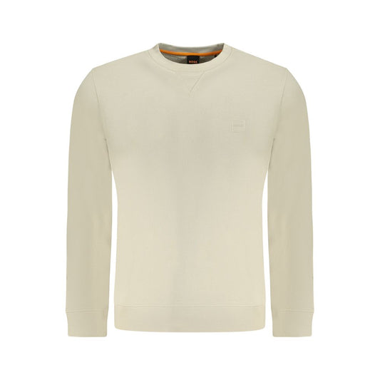 Hugo Boss Beige Cotton Men Sweater with embroidery and logo, crew neck style, showcasing comfort and casual luxury in brushed cotton.