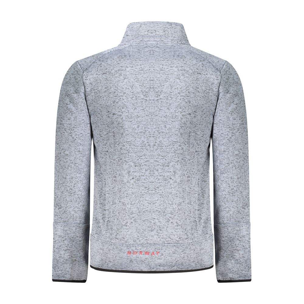 Norway 1963 Blue Polyester Men Sweater with pockets and sleek zipper, featuring branded applique for contemporary style and functionality.