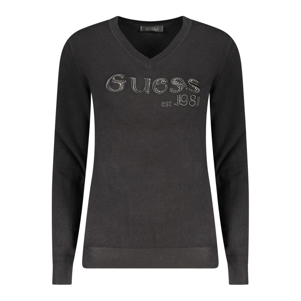 Guess Jeans Black Viscose Women Sweater with V-neck and rhinestone logo