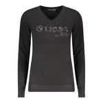 Guess Jeans Black Viscose Women Sweater with V-neck and rhinestone logo