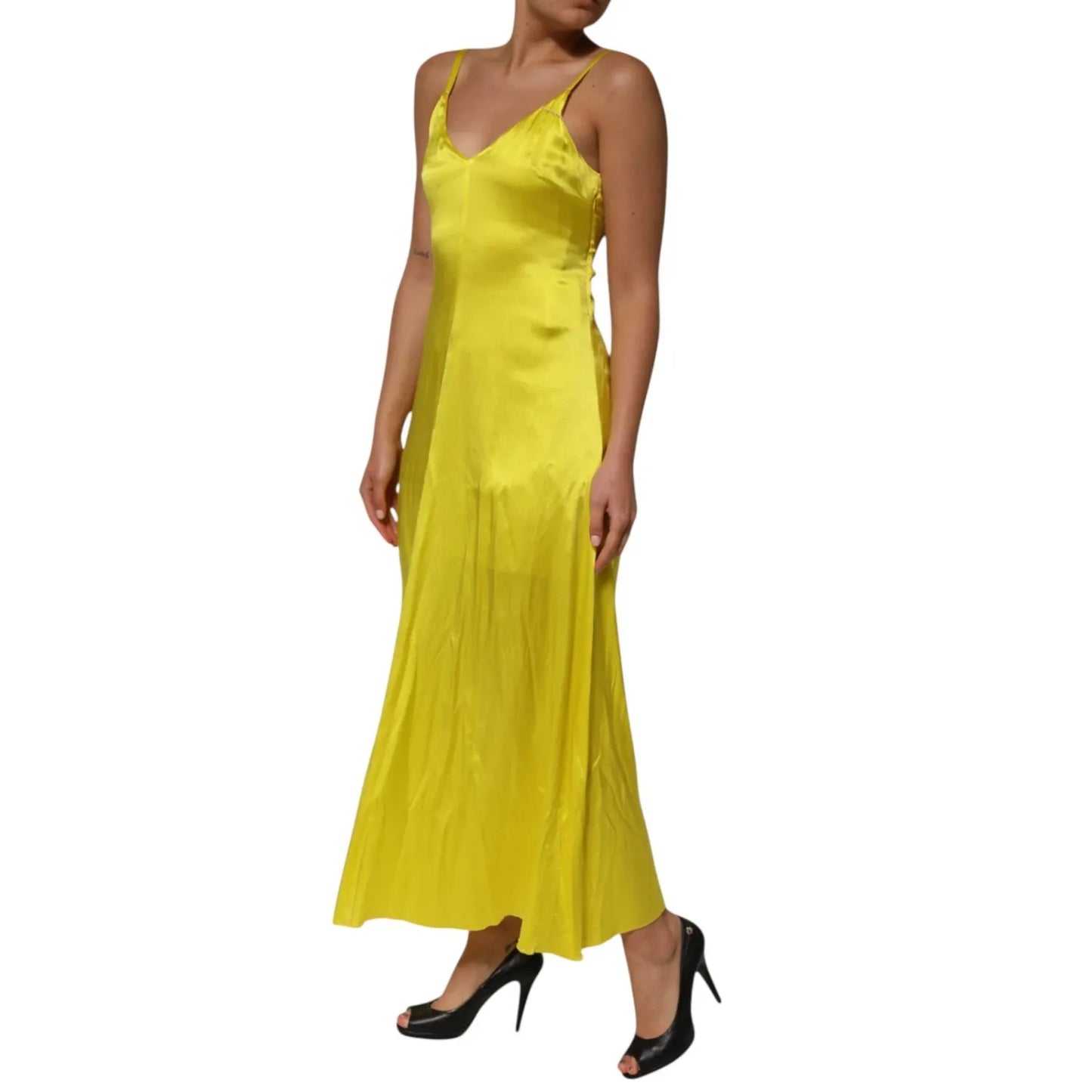Tonello Yellow Silk Satin Slip Maxi Spaghetti Strap Maxi Dress