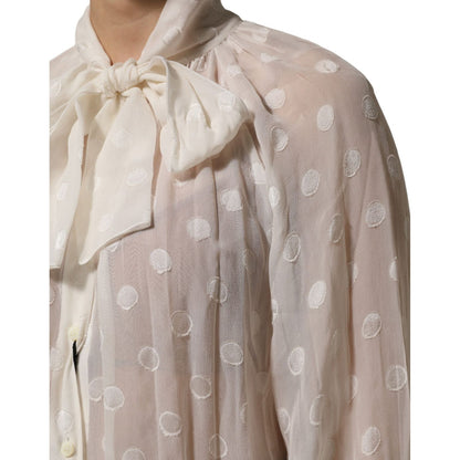 Dolce & Gabbana White Polka Sheer Silk Bow Tie Shirt Blouse Top