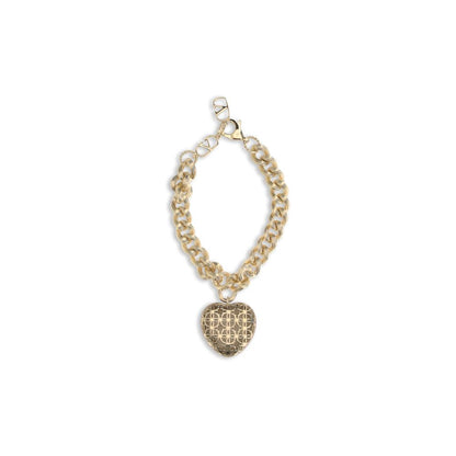 Valentino Garavani Gold Brass Bracelet with heart charm and VLogo, featuring openwork design and secure lobster clasp.