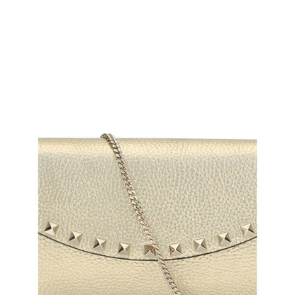 Valentino Garavani Gold Calf Leather Bos Taurus Wallet with Palladium Rockstud studs and chain detail