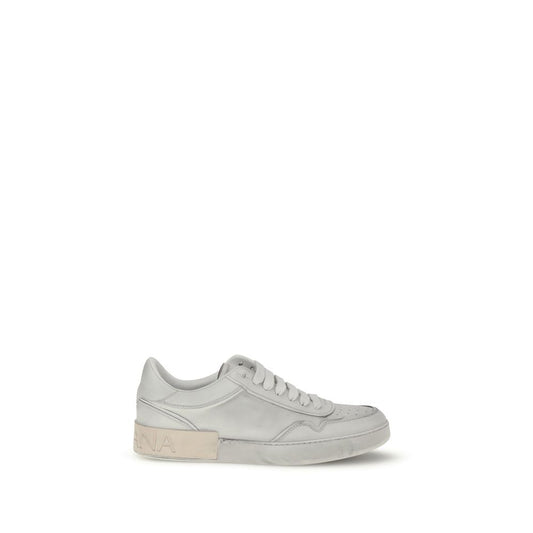 Dolce & Gabbana White Calf Leather Bos Taurus Low Top Sneakers with logo stripe and heel detail.
