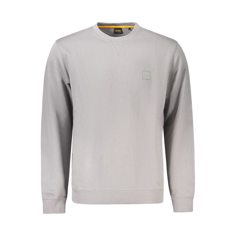 Hugo Boss Gray Cotton Men Sweater with crew neck and intricate embroidery, offering supreme comfort and a distinguished style.