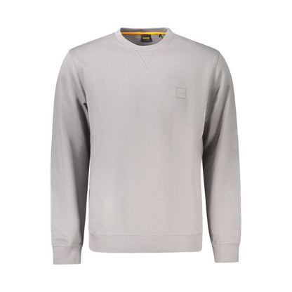 Hugo Boss Gray Cotton Men Sweater with crew neck and intricate embroidery, offering supreme comfort and a distinguished style.