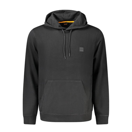 Hugo Boss Black Cotton Men Sweater with hood, featuring a central pocket and intricate embroidery, showcasing urban sophistication and comfort.
