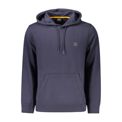 Hugo Boss Blue Cotton Men Sweater with hood, central pocket, and logo embroidery.