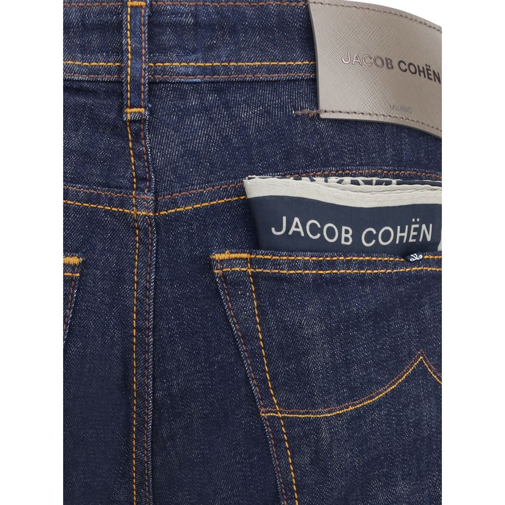 Back view of Jacob Cohen Blue Cotton Skinny Jeans showcasing brand label and pocket detail.