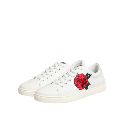 Dolce & Gabbana White Leather Rose Embroidery Low-Top Shoes
