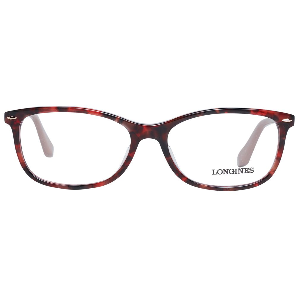 Longines Red Women Glasses Frame, square style, full-rim plastic, demo lenses, size 54-16-140, includes branded case.