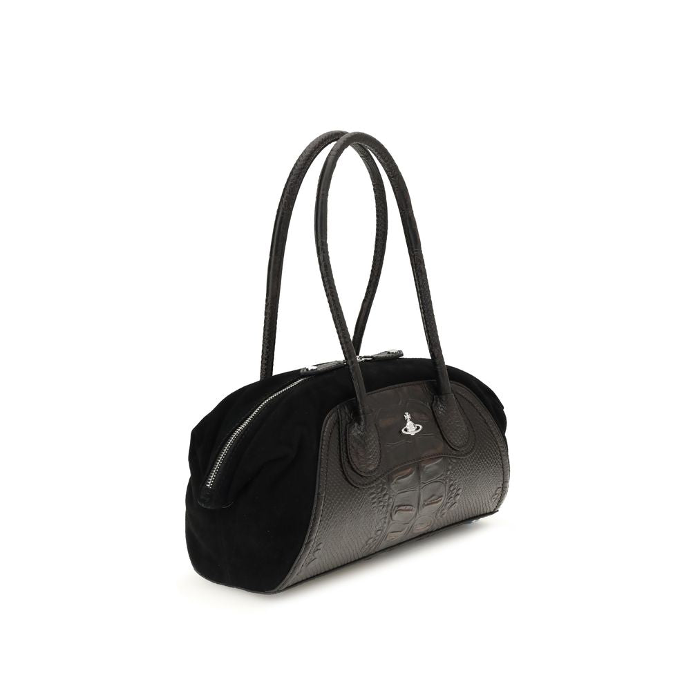 Vivienne Westwood Black Calf Leather Bos Taurus Shoulder Bag with crocodile-embossed leather, suede, and Orb metallic detail.