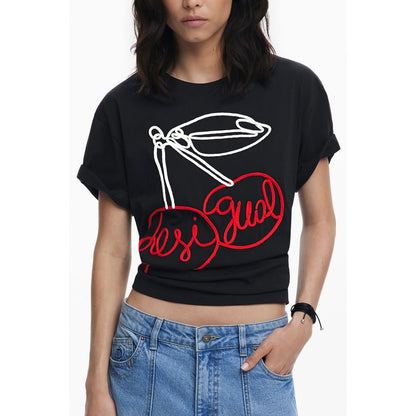 Desigual Black Cotton Women T-Shirt with chic embroidery and logo, casual short-sleeve top, perfect for bold, stylish fashion.