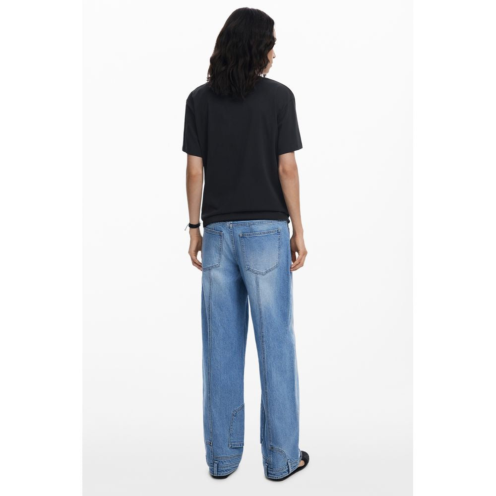 Back view of Desigual Black Cotton Women T-Shirt worn with light denim jeans