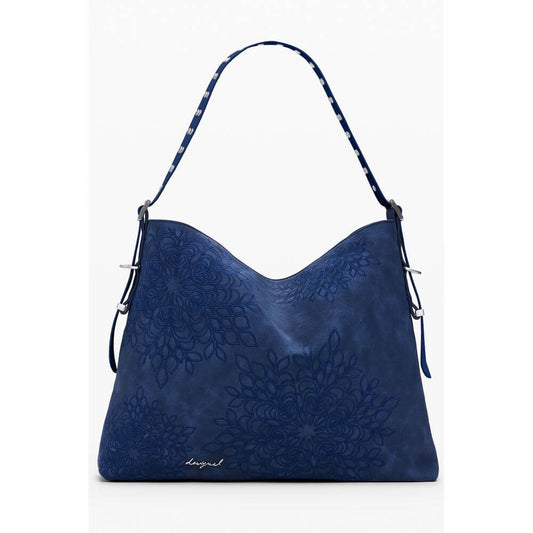 Desigual Blue Polyethylene Women Handbag with intricate embroidery and adjustable shoulder strap, showcasing vibrant blue color.