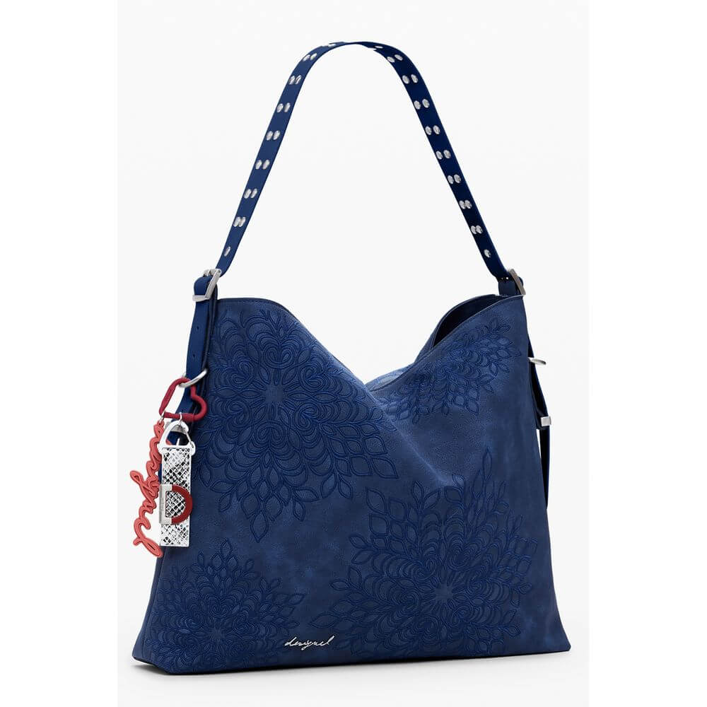 Desigual Blue Polyethylene Women Handbag with floral design and adjustable strap, showcasing stylish embroidery and charm accents.