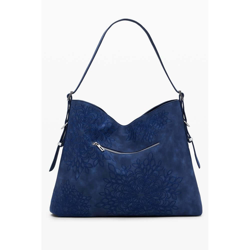 Desigual Blue Polyethylene Women Handbag with adjustable handle and intricate embroidery, showcasing bold flair and practical design.