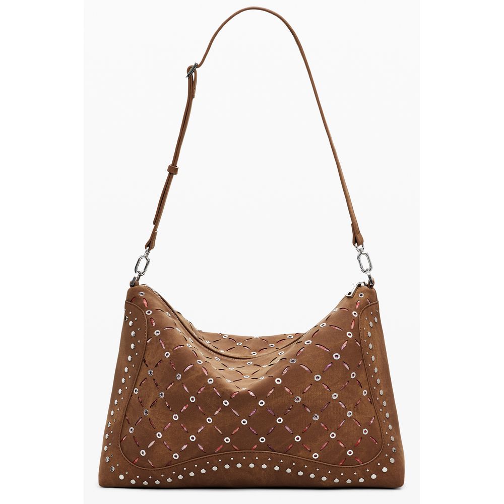 Desigual Brown Polyethylene Women Handbag with removable shoulder handle and adjustable strap, featuring contrasting details and zip closure.
