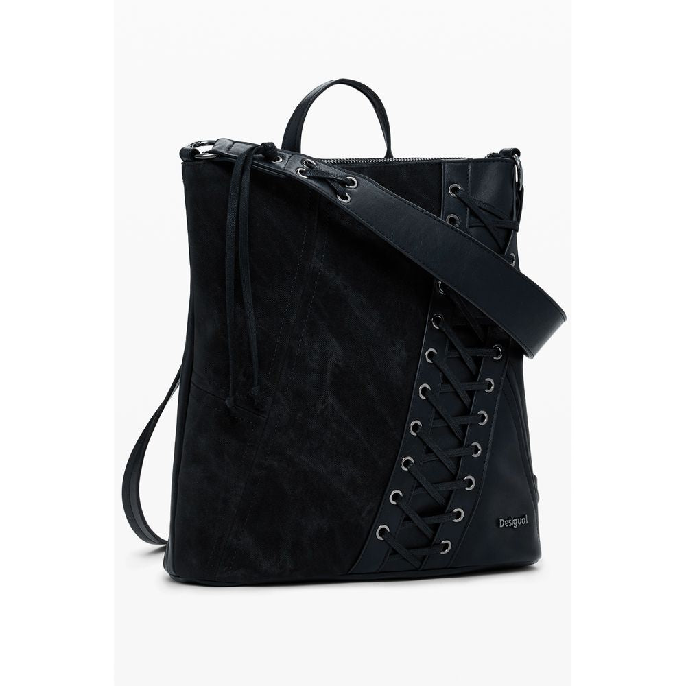 Desigual Black Polyethylene Women Backpack with zip closure and versatile handles, featuring bold black design and contrasting details.