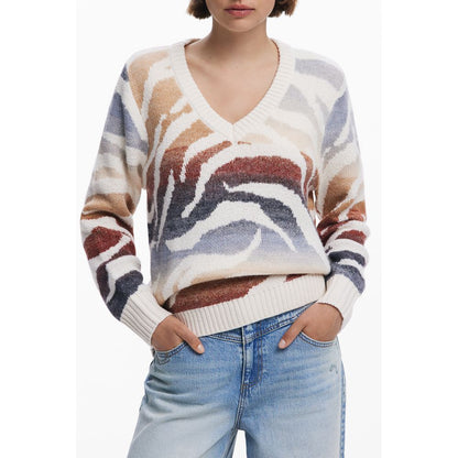 Desigual White Polyamide Women Sweater with colorful abstract pattern on a mannequin, showcasing long sleeves and V-neck design.