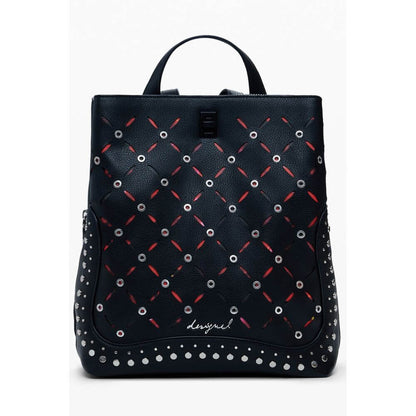 Desigual Black Polyethylene Women Backpack with studded finish and adjustable straps, front view, stylish and practical design.