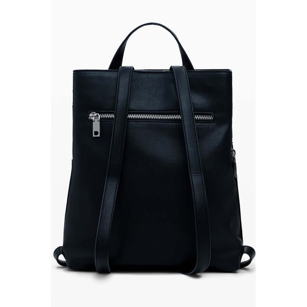 Desigual Black Polyethylene Women Backpack with studded finish, adjustable straps, and compartments for stylish convenience.
