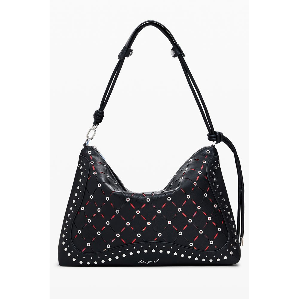 Desigual Black Polyethylene Women Handbag with studs and red details on white background