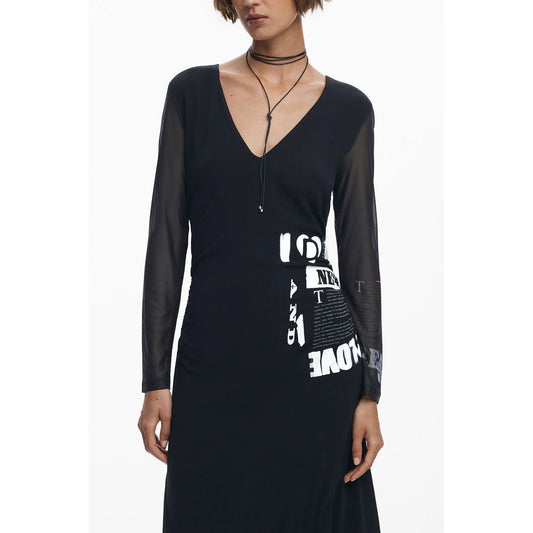 Desigual Black Polyester Women Dress with V-neck and long sleeves, featuring bold design and back zipper for versatile occasions.