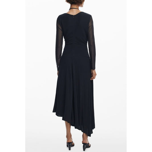 Back view of Desigual Black Polyester Women Dress with long sleeves and asymmetric hem.