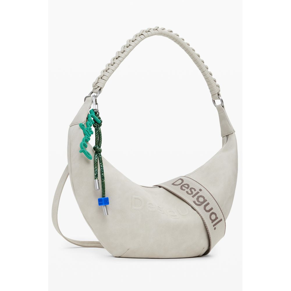 Desigual Beige Polyethylene Women Handbag with adjustable straps and relief print, featuring trendy design and stylish details.
