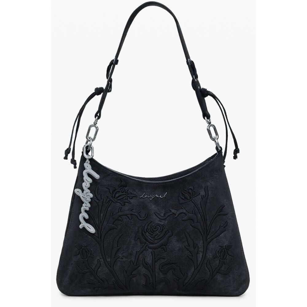 Desigual Black Polyethylene Women Handbag with floral embroidery and removable shoulder strap.