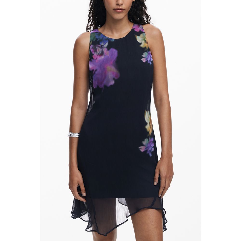 Desigual Black Polyester Women Dress with bold floral print and sleeveless design, featuring a crew neck and back button detail.