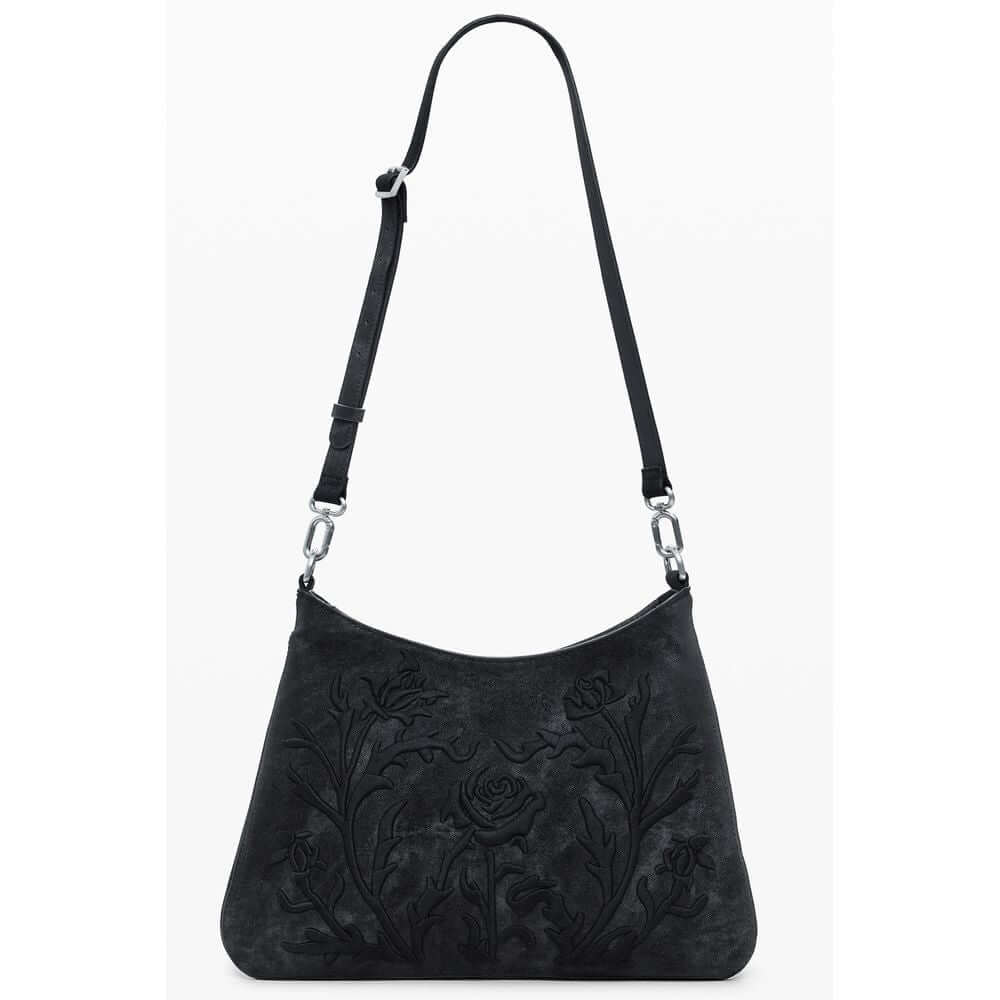 Desigual Black Polyethylene Women Handbag with floral embroidery and adjustable strap