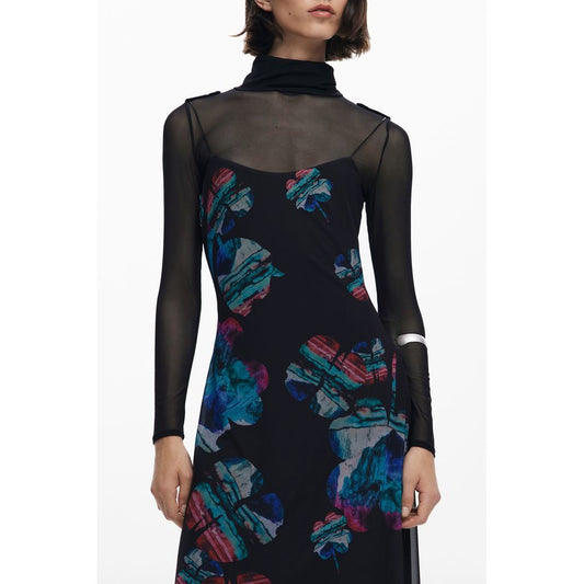 Desigual Black Polyester Women Dress with watercolor design and adjustable straps, featuring a high-neck mesh underlayer for a chic look.