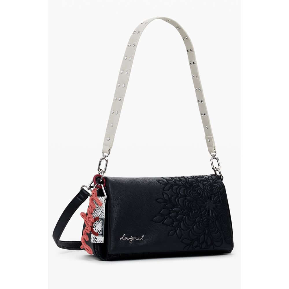 Desigual Black Polyethylene Women Handbag with embroidery and versatile straps, showcasing a blend of artful design and functionality.