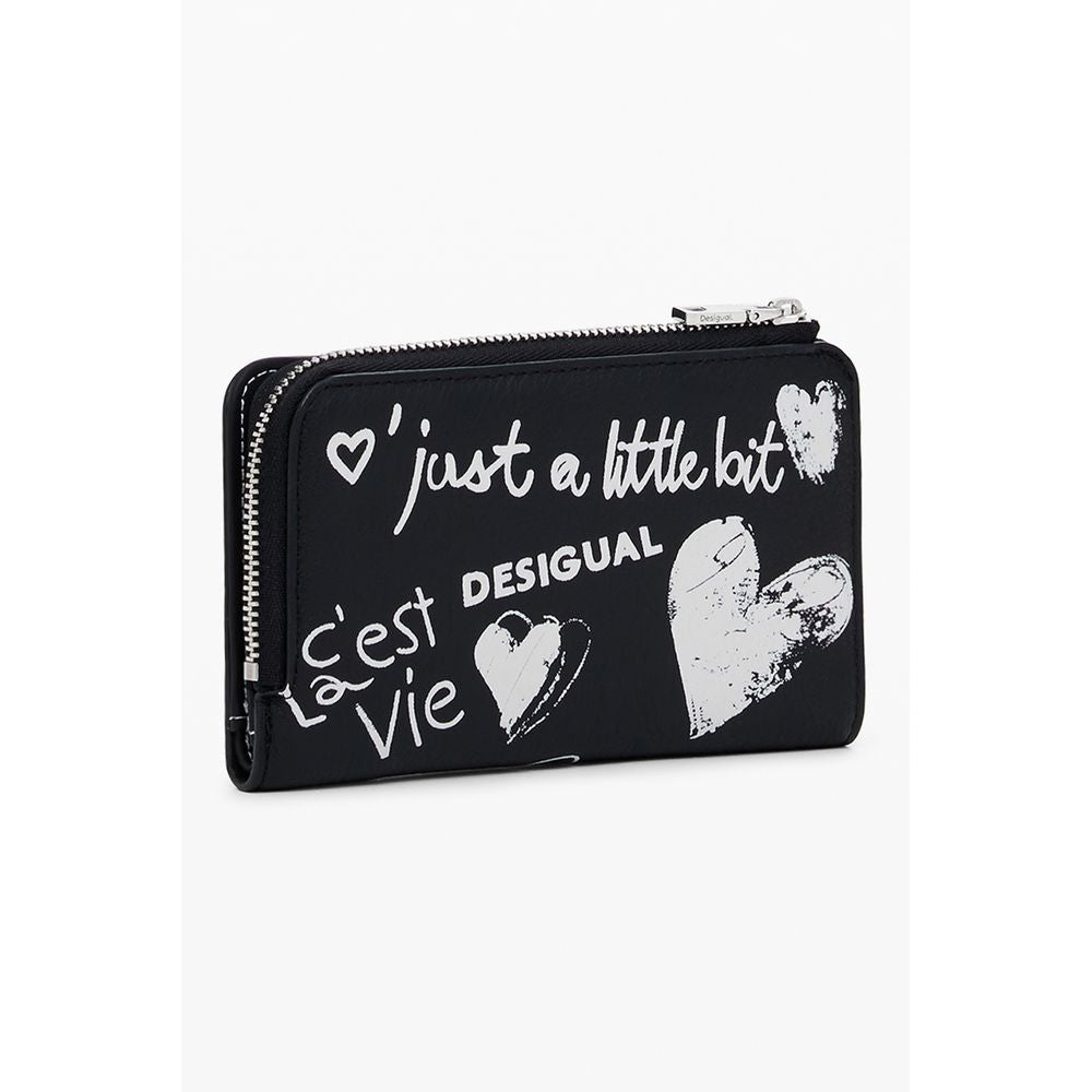 Desigual Black Polyethylene Women Wallet with graphic text and heart designs, featuring multiple compartments and secure zip closure.