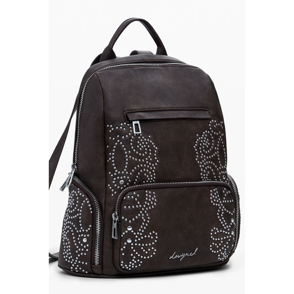 Desigual Brown Polyethylene Women Backpack with studded accents and multiple pockets for practical style.