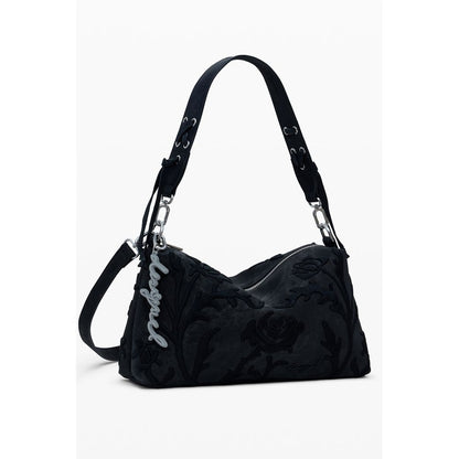 Desigual Black Polyethylene Women Handbag with floral embroidery and chic removable handle, perfect for stylish and functional use.