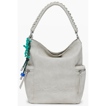 Desigual Beige Polyethylene Women Backpack with bold relief print and unique one-shoulder handle design for versatile styling.
