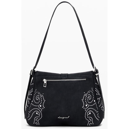 Desigual Black Polyethylene Women Handbag with studs and adjustable strap, featuring external and internal pockets for chic organization.