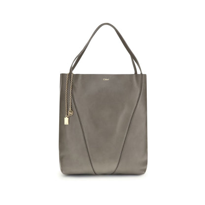 Chloé Gray Calf Leather Bos Taurus Shoulder Bag with hanging chain and horse emblem, featuring a minimalist design and elegant lines.