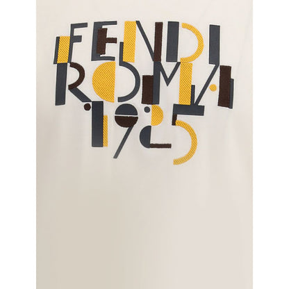 Fendi White Cotton T-Shirt with iconic Fendi logo print on front, ribbed crew neck, 100% cotton, perfect for a casual look, AW25 Season.