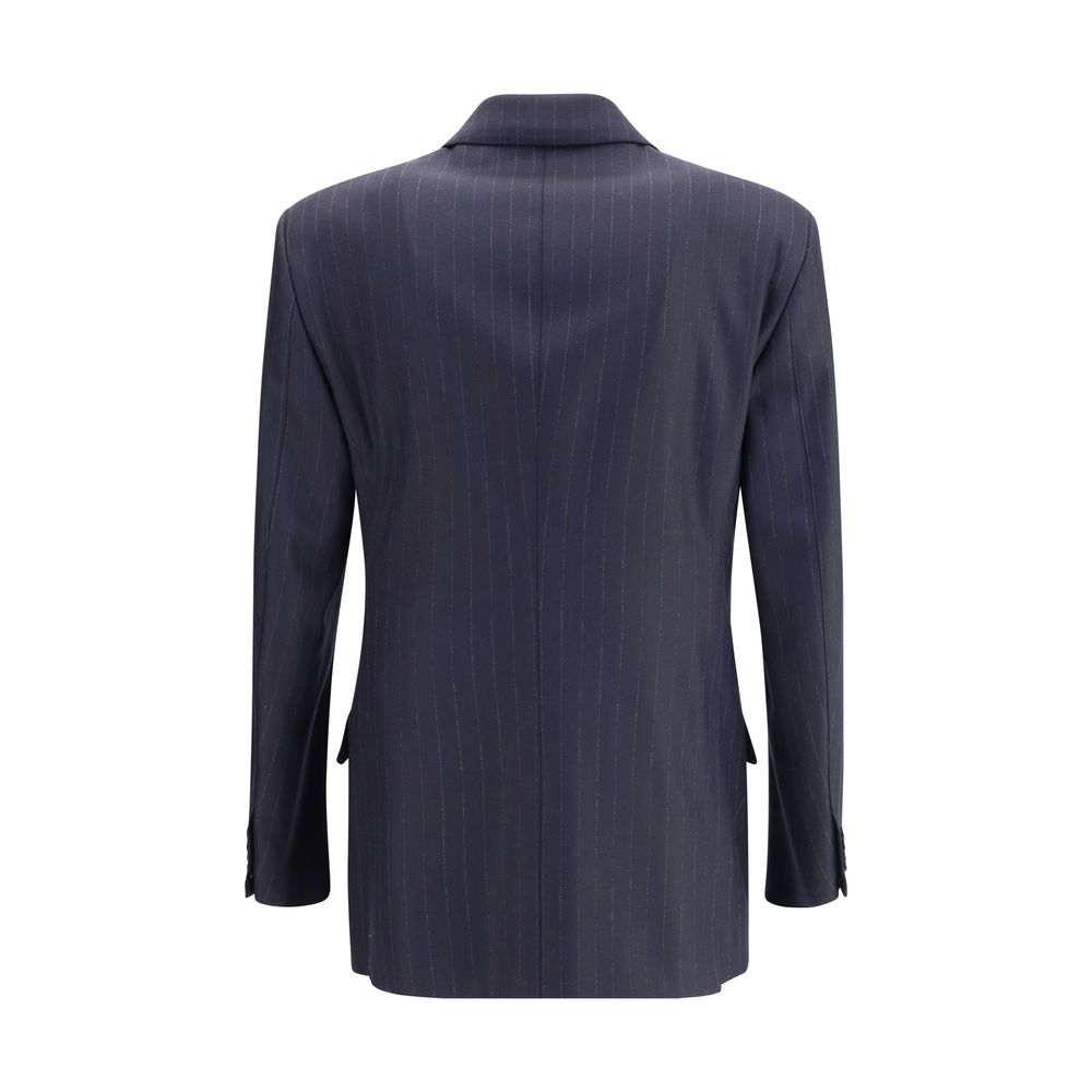 Back view of Tom Ford Blue Wool Blazer with pinstripe design and tailored structure, featuring a double-breasted classic pattern.