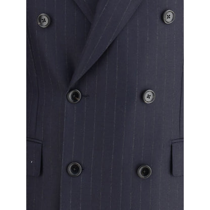 Close-up of Tom Ford Blue Wool Blazer showcasing double-breasted button pattern and pinstripe design with elegant peaked lapels.