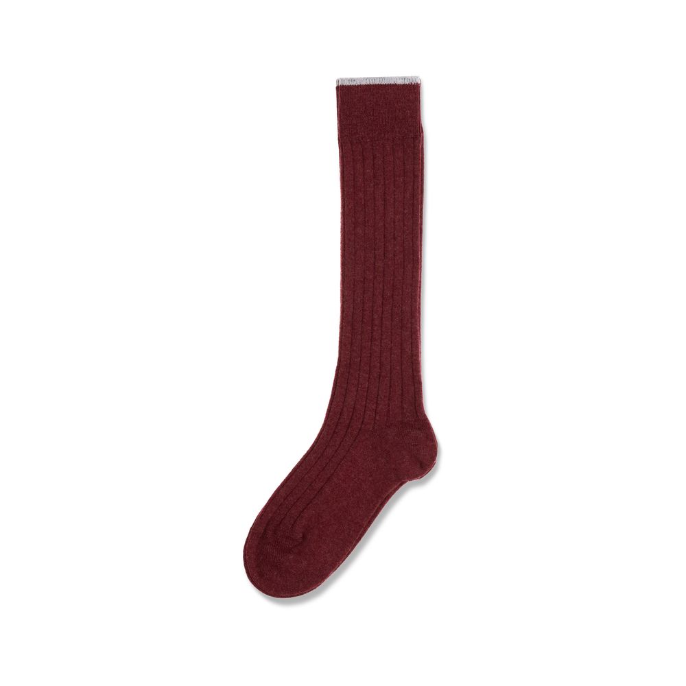 Brunello Cucinelli Bordeaux Cashmere Socks, knee-high ribbed knit, 100% cashmere, luxurious winter wear, comfort and sophistication.