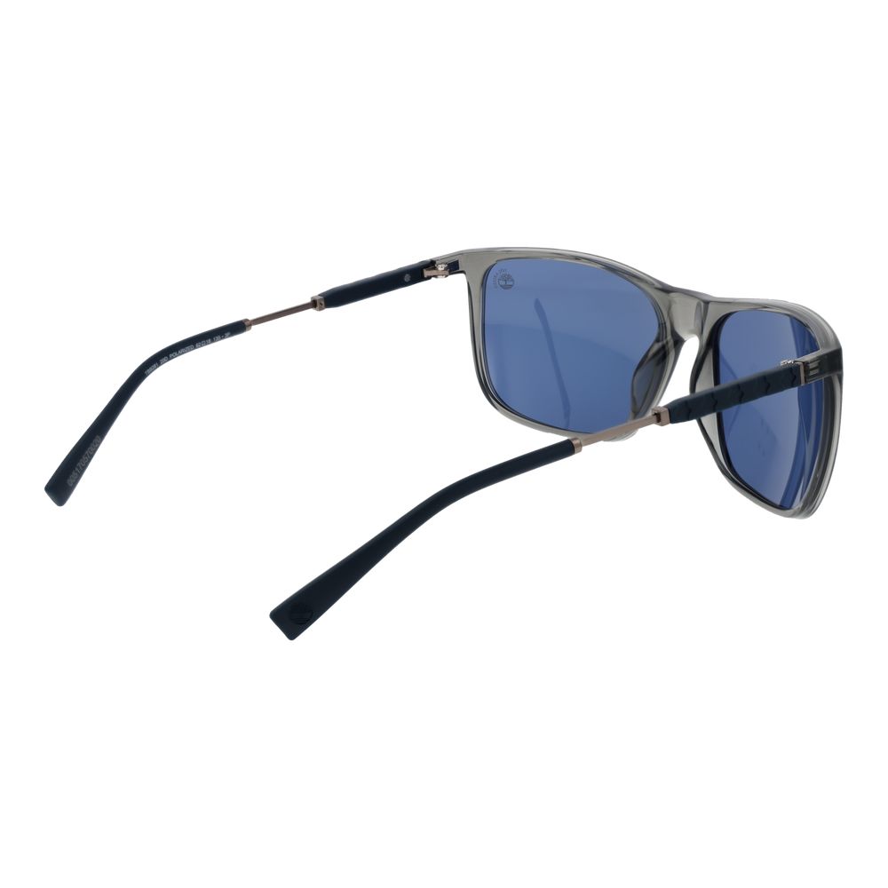 Timberland Gray Men Sunglass with full-rim grey plastic frame, blue polarized lenses, and 100% UVA & UVB protection.