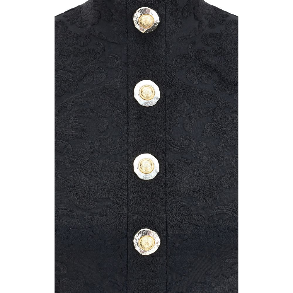 Balmain Black Viscose Top with gold coin buttons and baroque pattern, featuring Balmain Paris engraved metal zipper for AW25 season.