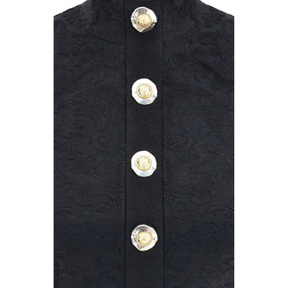 Balmain Black Viscose Top with gold coin buttons and baroque pattern, featuring Balmain Paris engraved metal zipper for AW25 season.